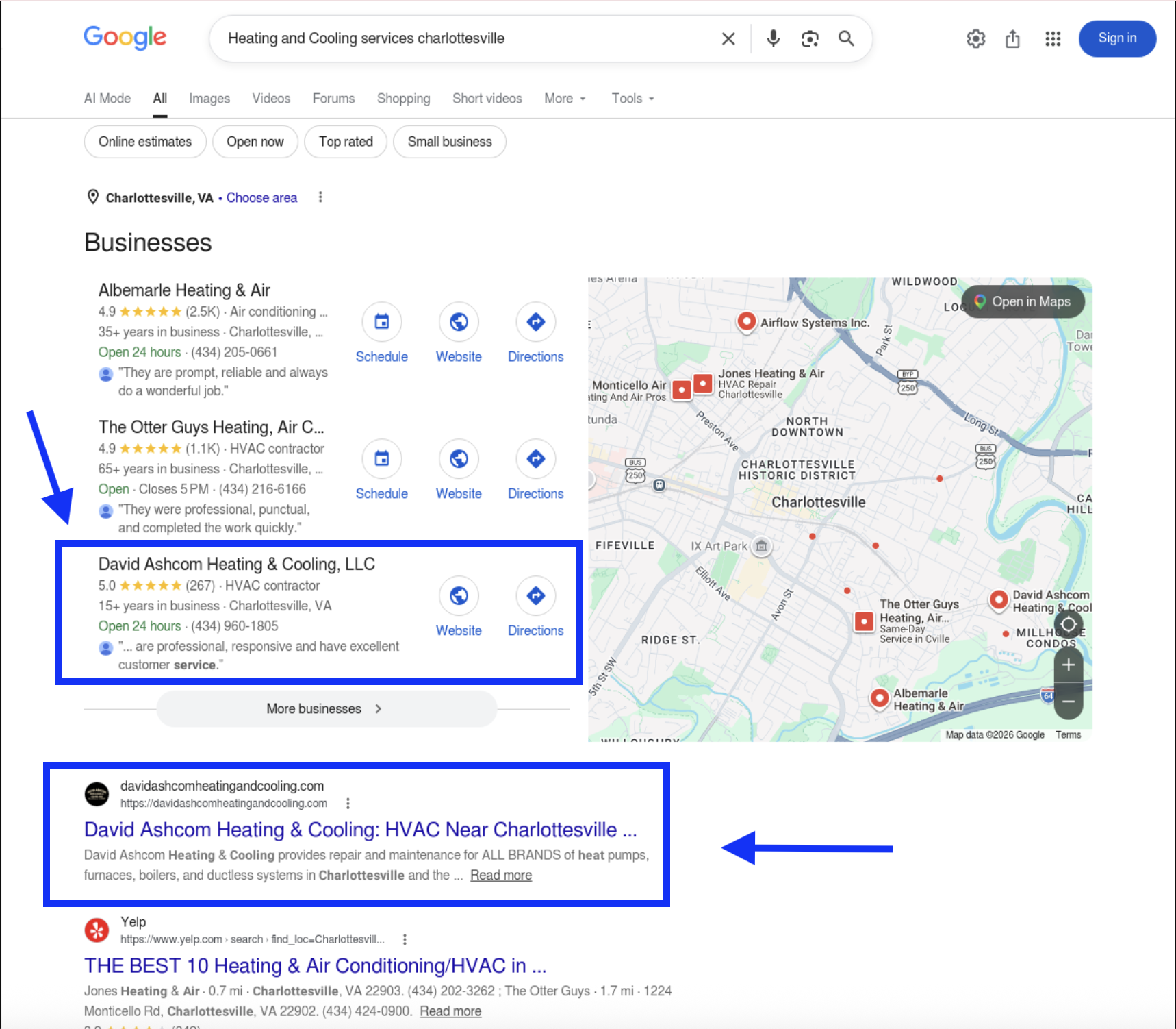 David Ashcom Heating & Cooling ranking first on Google for heating and cooling services in Charlottesville
