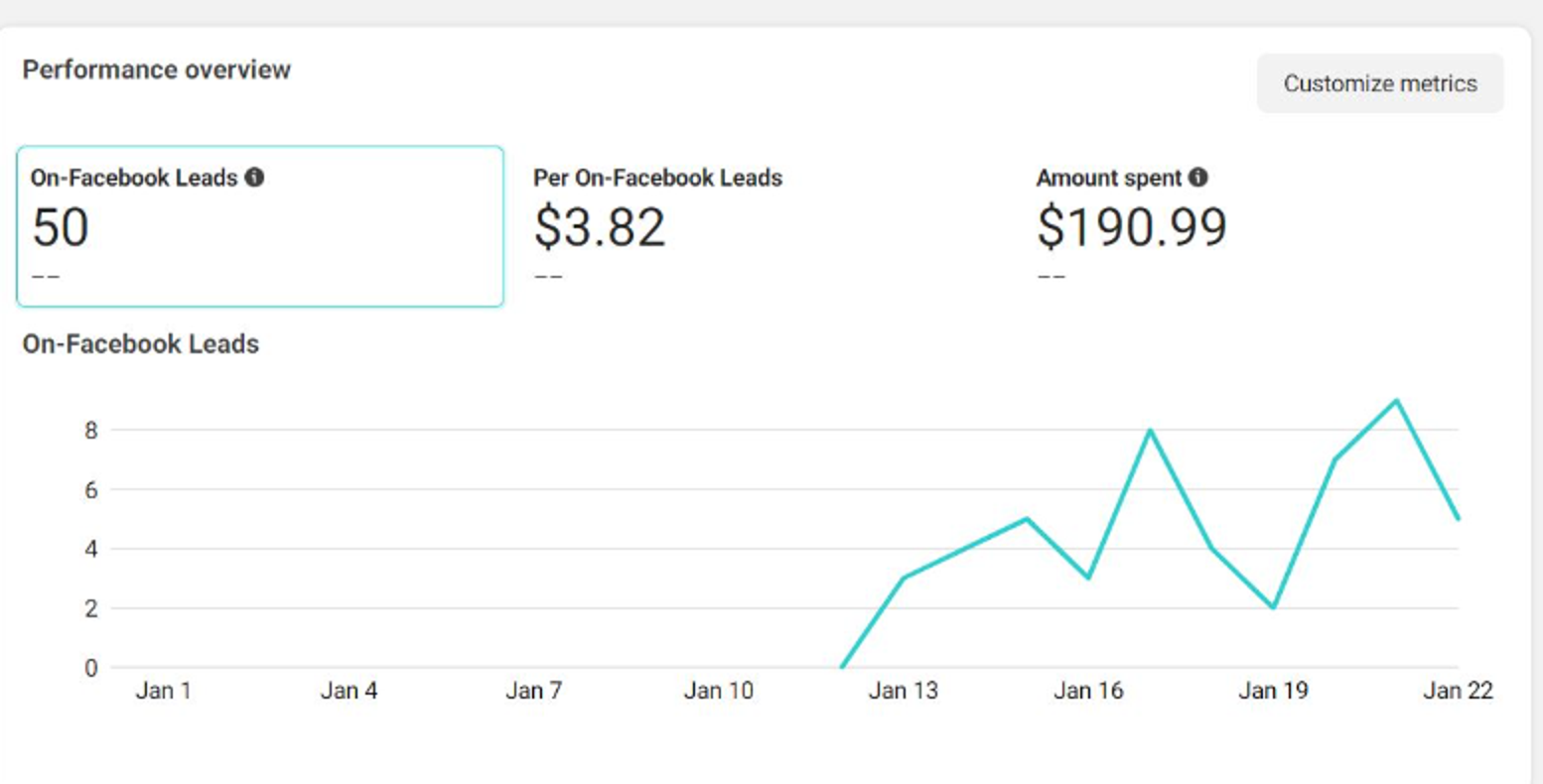 Facebook Ads performance overview: 50 on-Facebook leads at $3.82 each from $190.99 spent