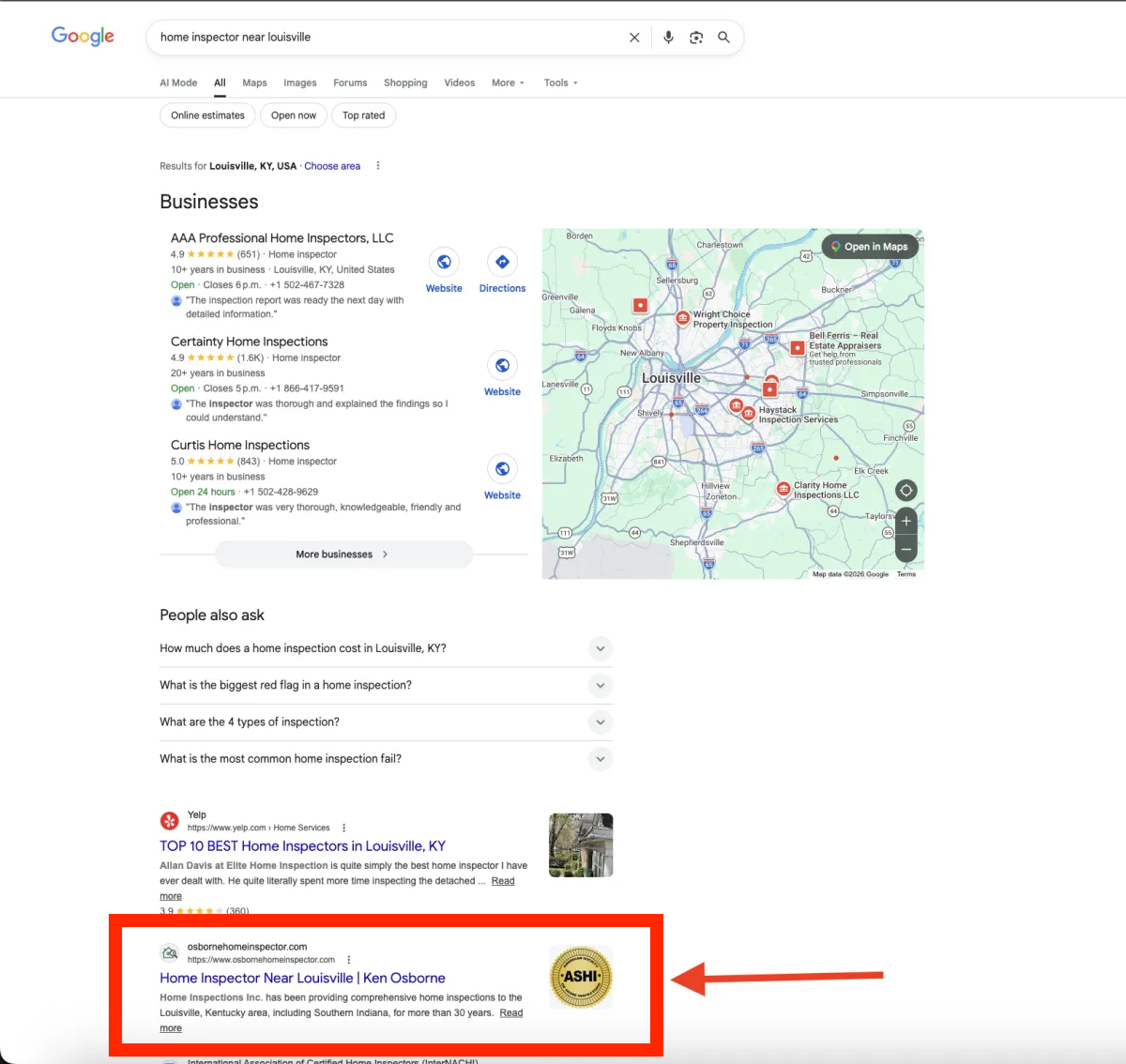 Osborne Home Inspections ranking on Google for home inspector near Louisville