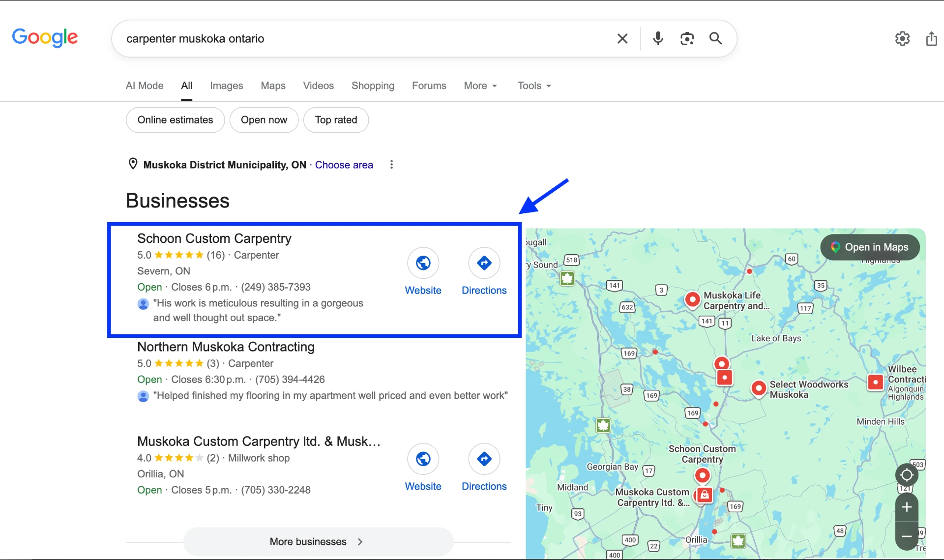 Schoon Custom Carpentry ranking first for carpenter searches in Muskoka, Ontario